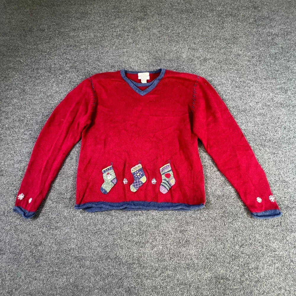 Christopher & Banks Women XL Red Ramie Cotton Embroidered Stocking Sweater